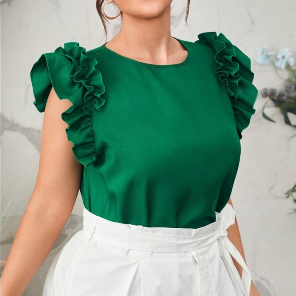 Plus Size Ruffle Cap Sleeve Office Work Top Blouse Blue - Picture 4 of 10